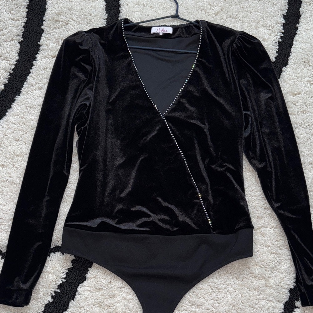 Parker Black “Zanna” Velvet Bodysuit with Rhinestone Detail (M)